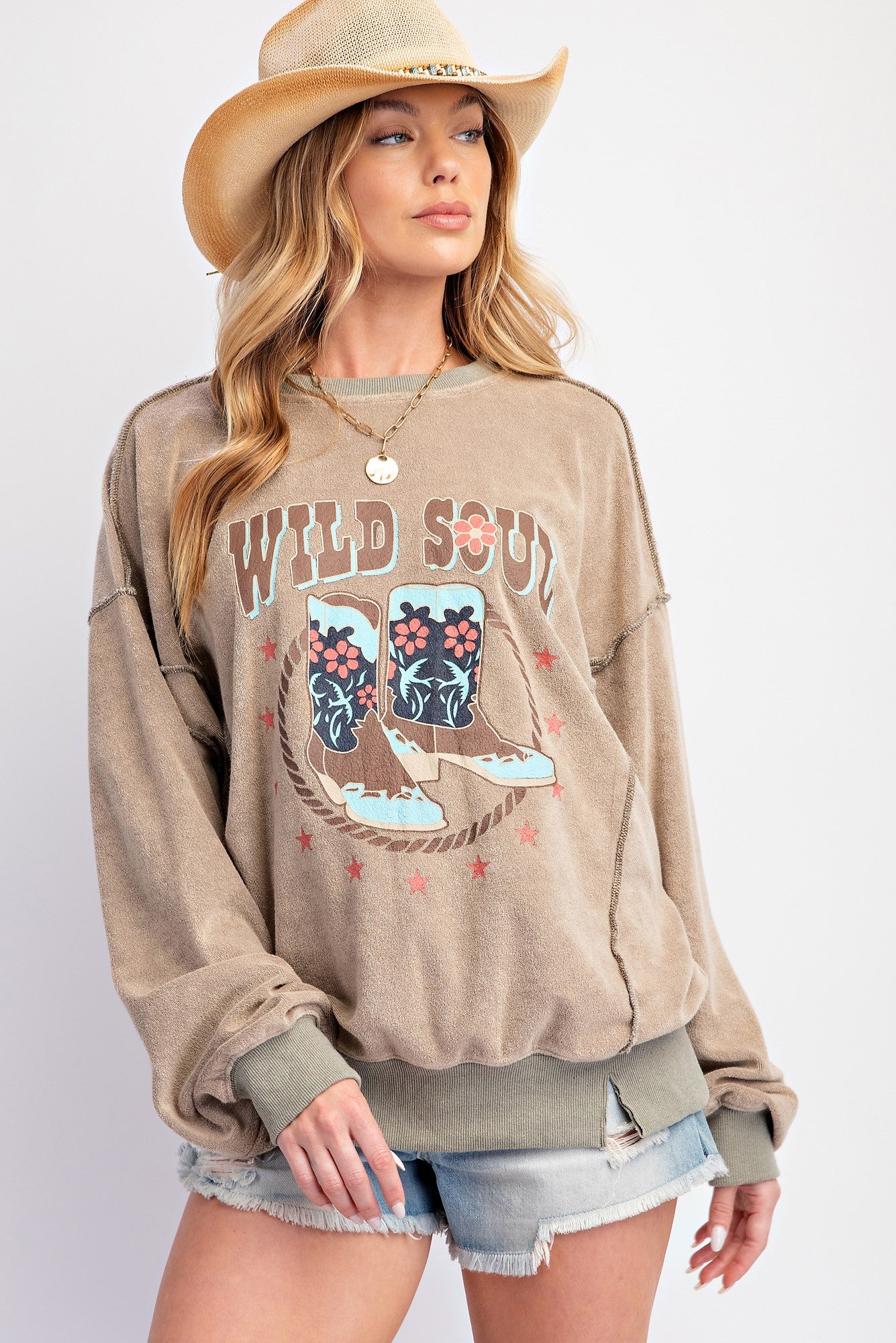 Wild Soul Print Terry Knit Pullover Olive