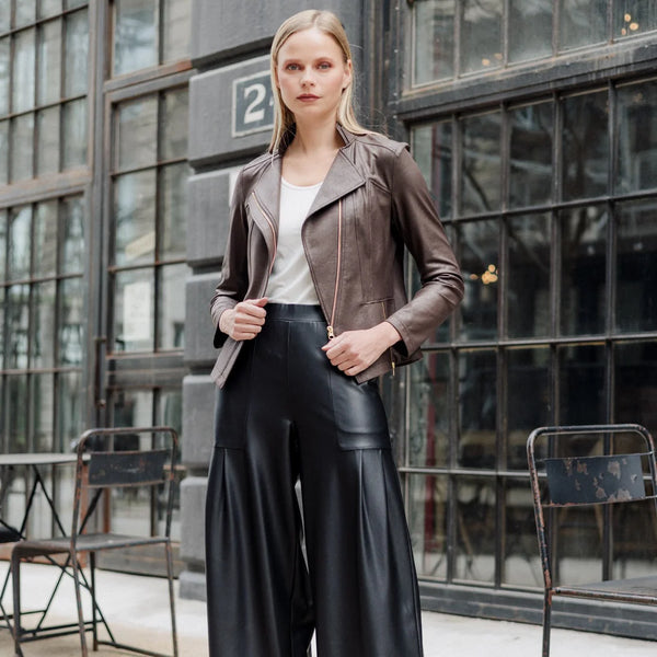 Classic Leather Knit Moto Jacket Brown