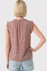 High Neck Ruffle Geo Printed Tank Burgundy + Navy