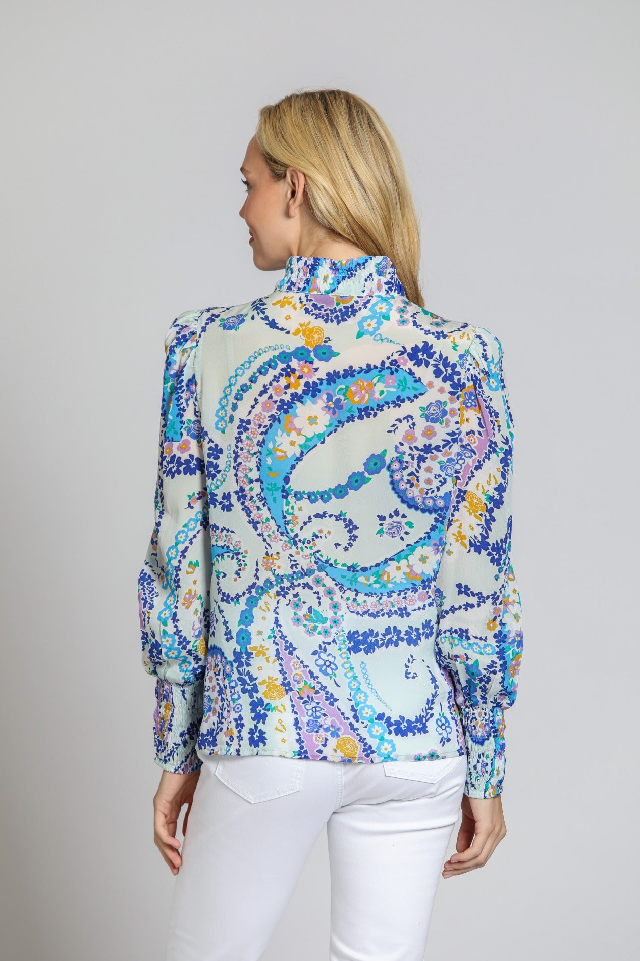 Puff Sleeve Collar Detail 3/4 Button Down Blouse Blue Multi