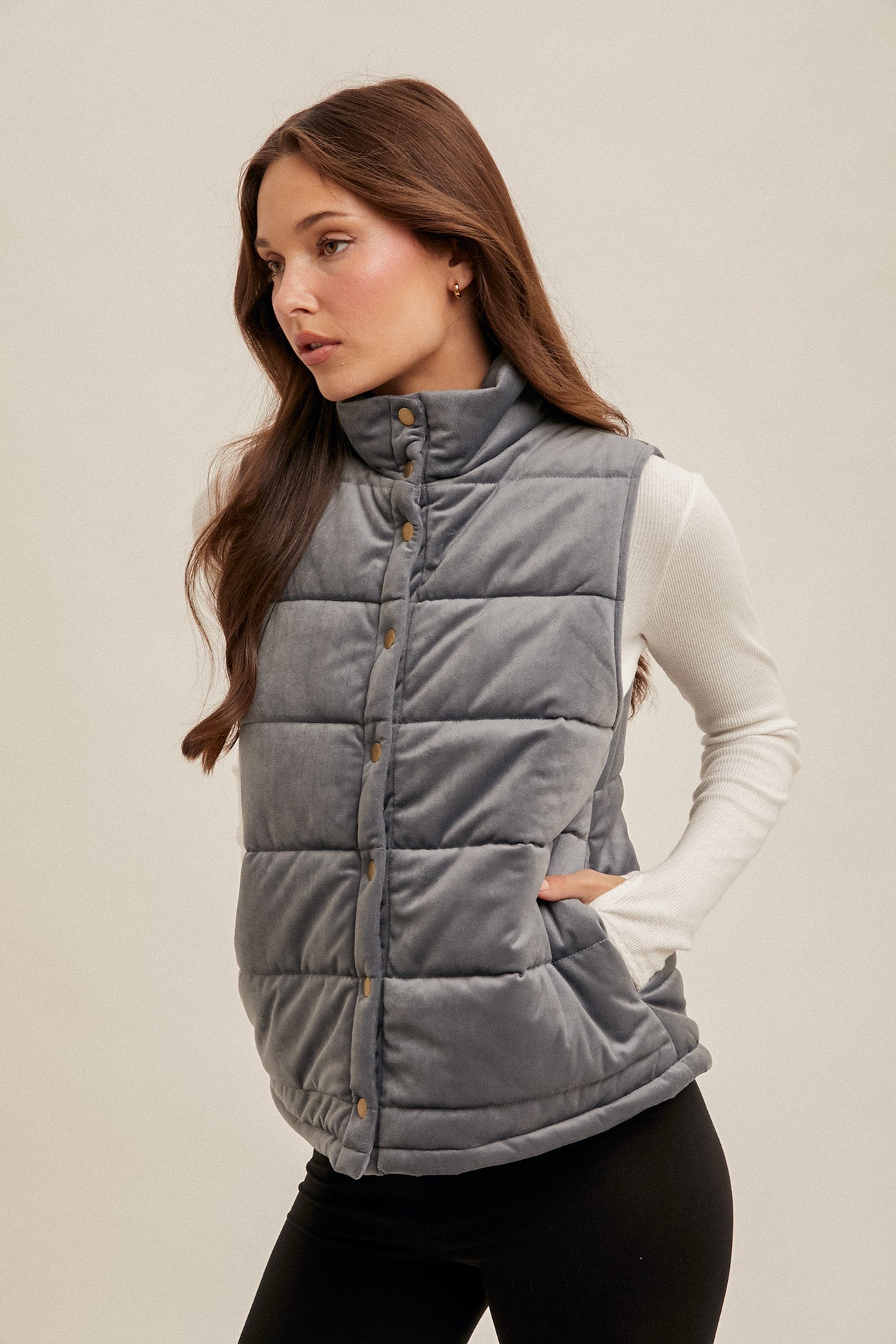 Velvet Quilted Zip Vest Slate