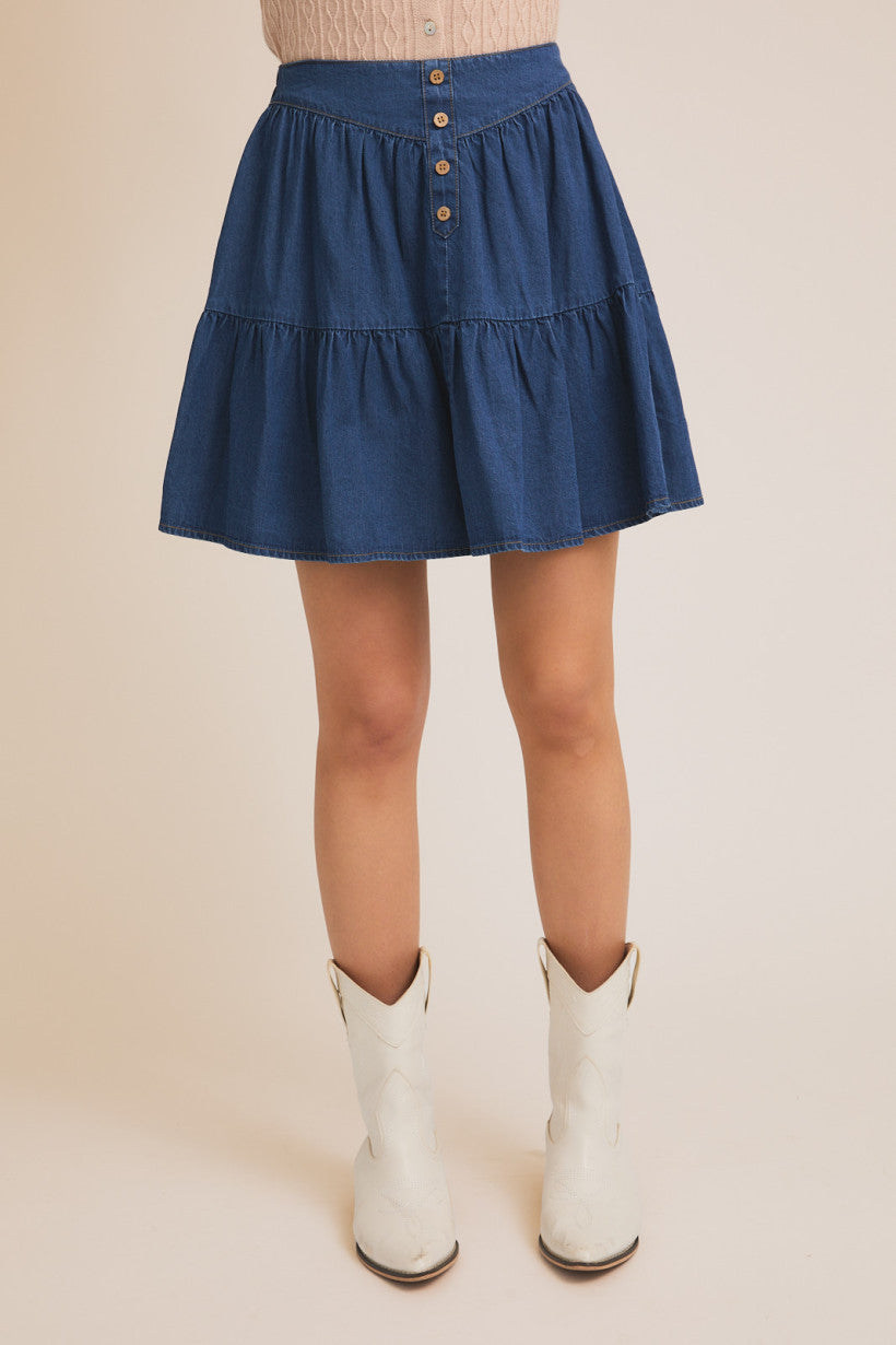 Button Detail Denim Tiered Mini Skirt Light Denim