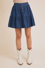 Button Detail Denim Tiered Mini Skirt Light Denim