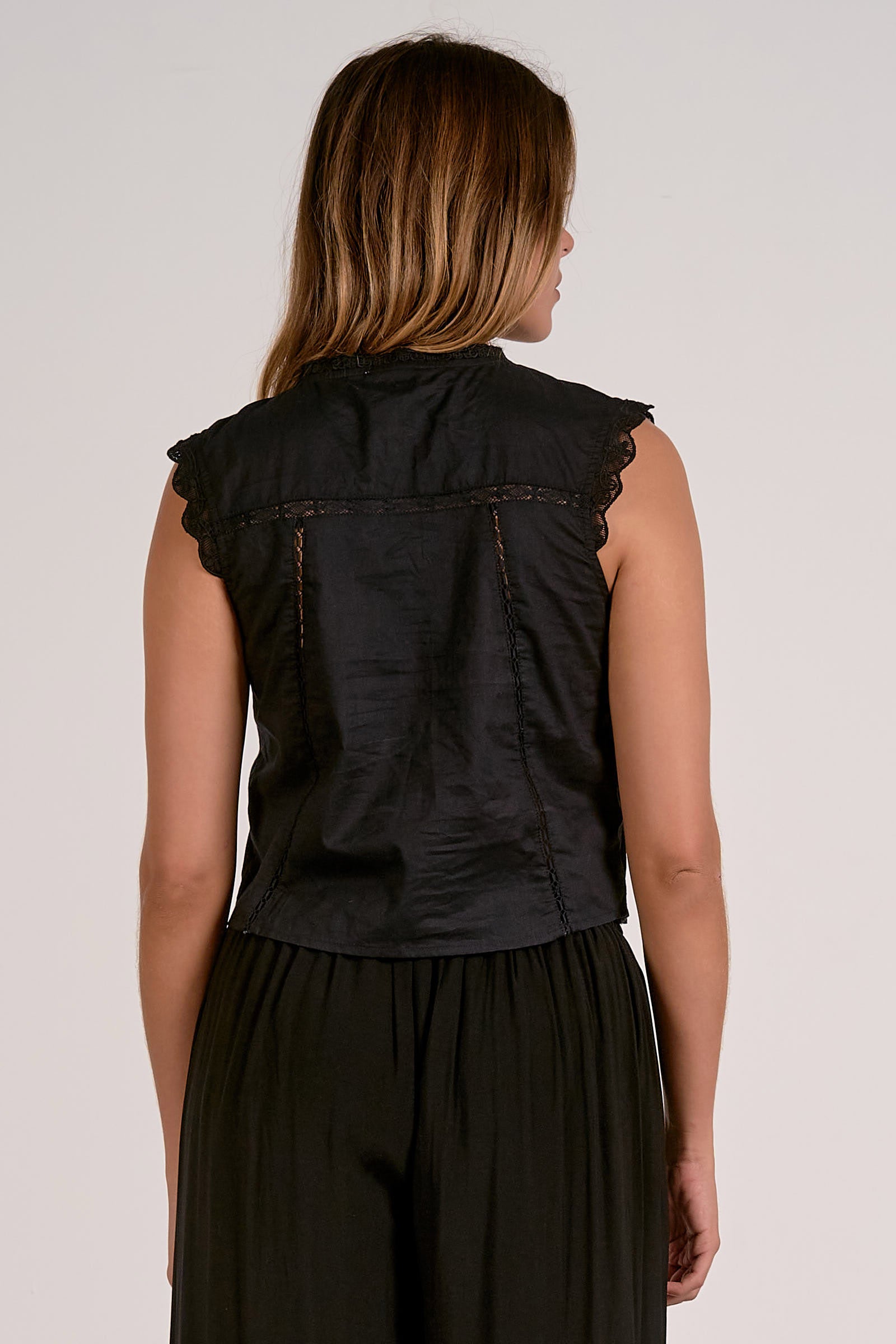 Lace Applique Tied Front Vest Top Black