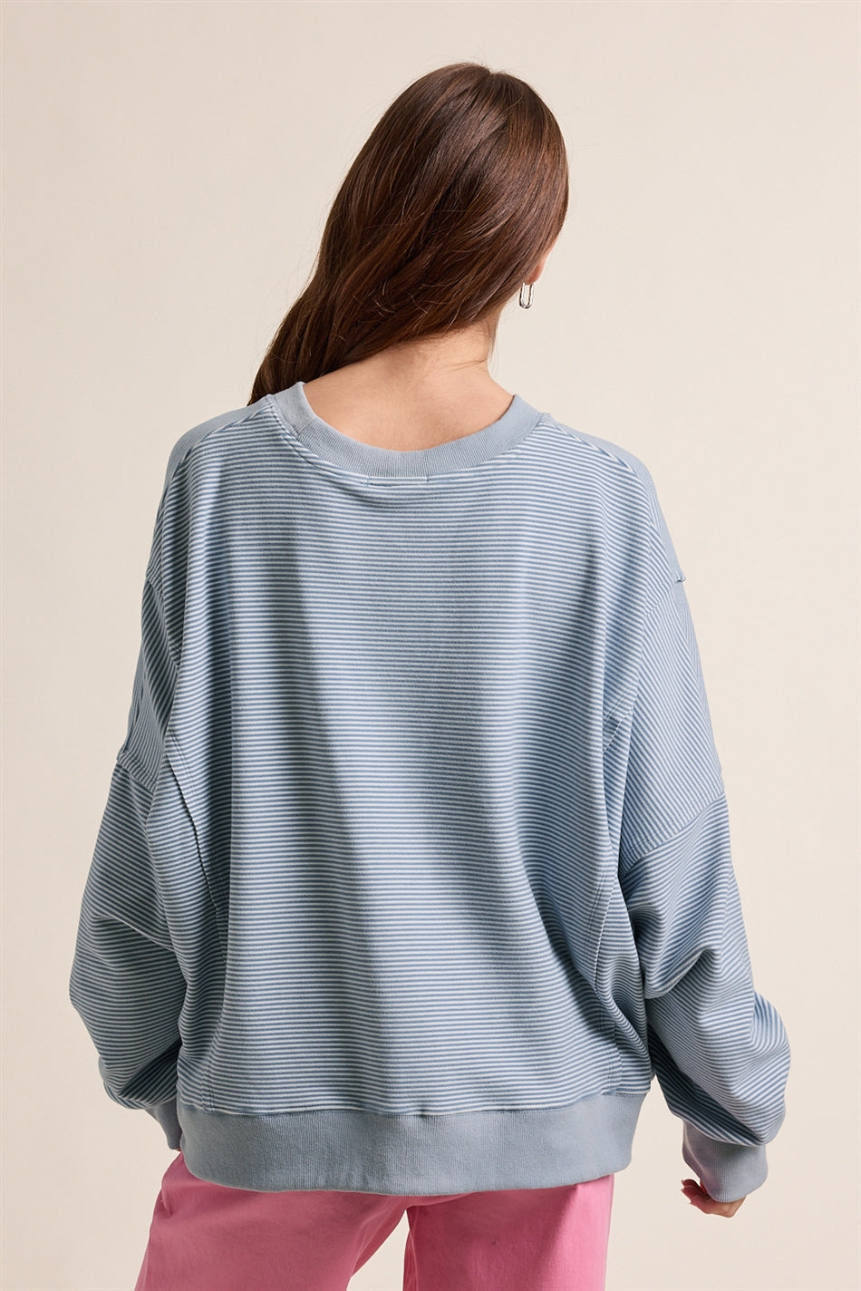 Striped Drop Shoulder Sweatshirt Ivory + Dusty Blue