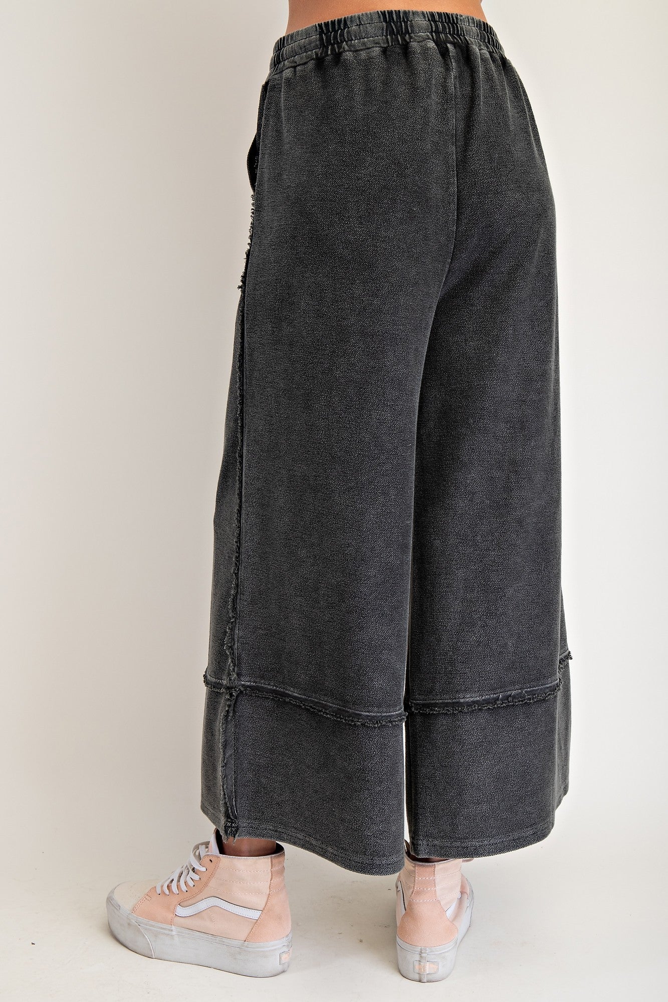 Mineral Wash Terry Knit Palazzo Pants Black
