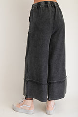 Mineral Wash Terry Knit Palazzo Pants Black