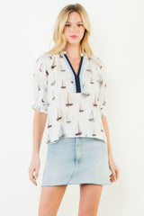 Puff Sleeve Sailboat Pattern V-Neck Top Cream