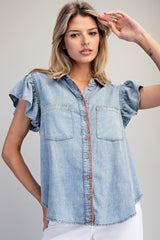 Snow Washed Multicolor Whipstitch Ruffle Sleeve Top Denim