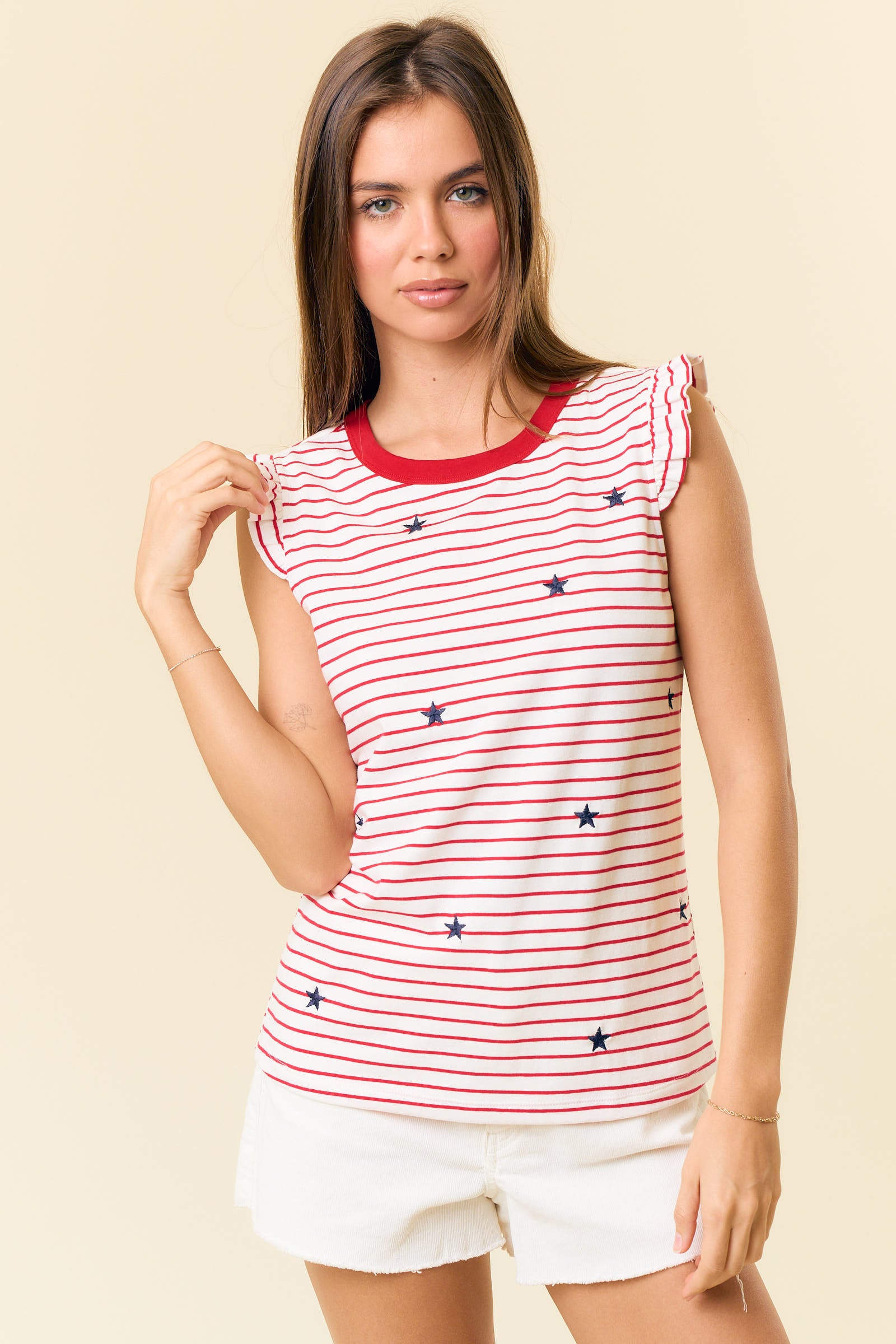 Sleeveless Ruffle Star Emb. Stripe Top Off White + Red