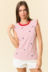 Sleeveless Ruffle Star Emb. Stripe Top Off White + Red