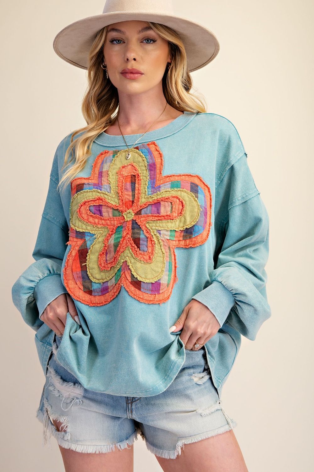 Plaid Floral Patch Pullover Dusty Blue