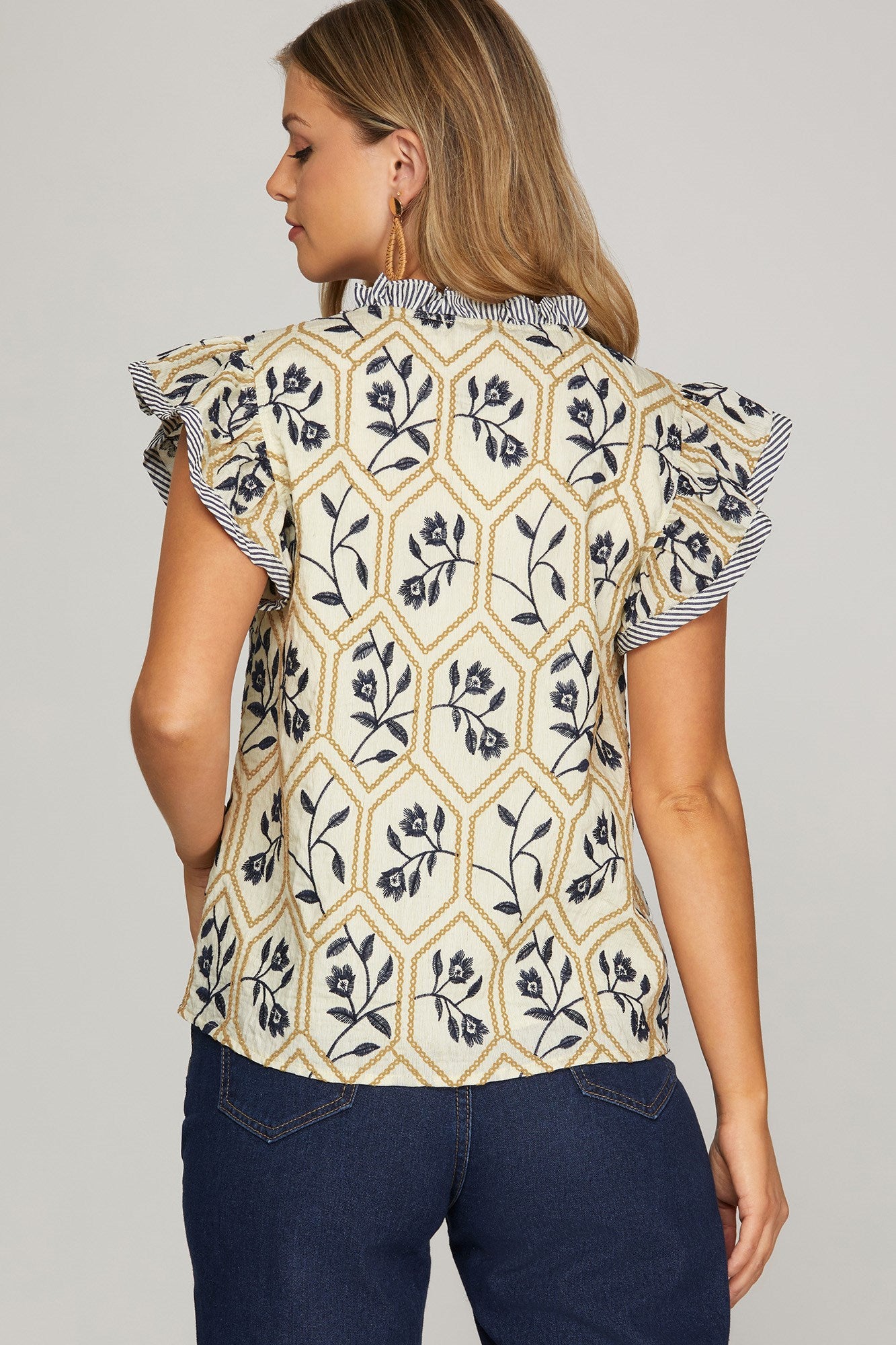 Flutter Sleeve Embroidered Floral Diamonds Top Navy
