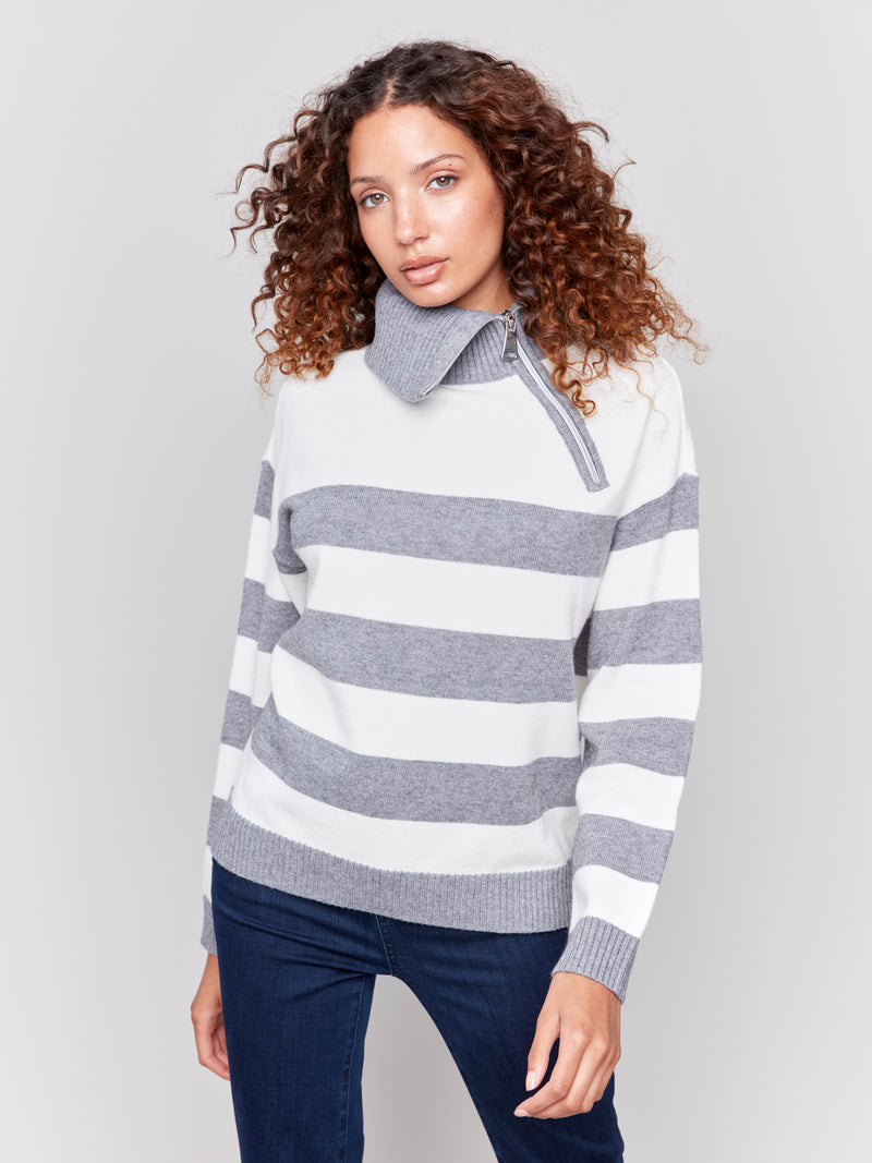 Side Zipper Stripe Turtleneck Sweater Grey