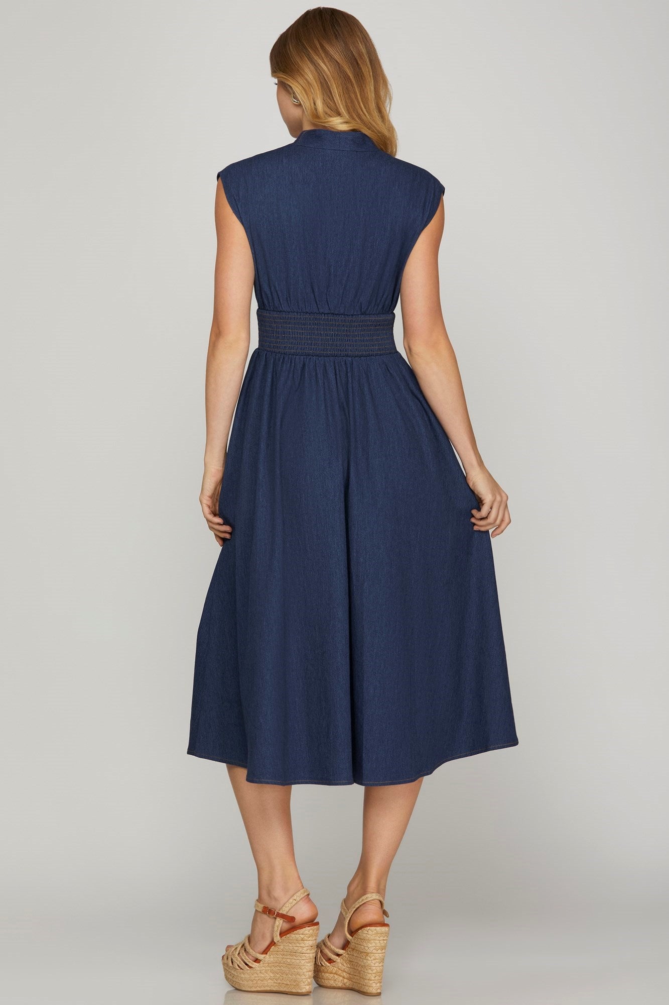Smocked Waist Washed Denim Front Zip Midi Dress Denim Blue