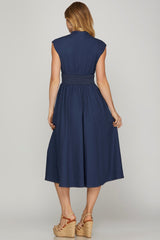 Smocked Waist Washed Denim Front Zip Midi Dress Denim Blue