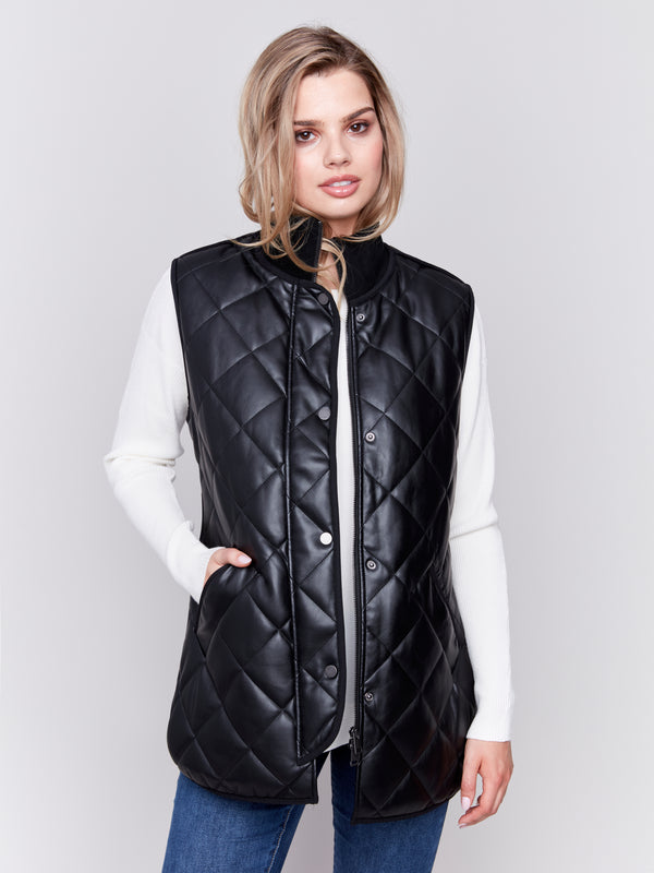 Long Quilted Leather Vest Black