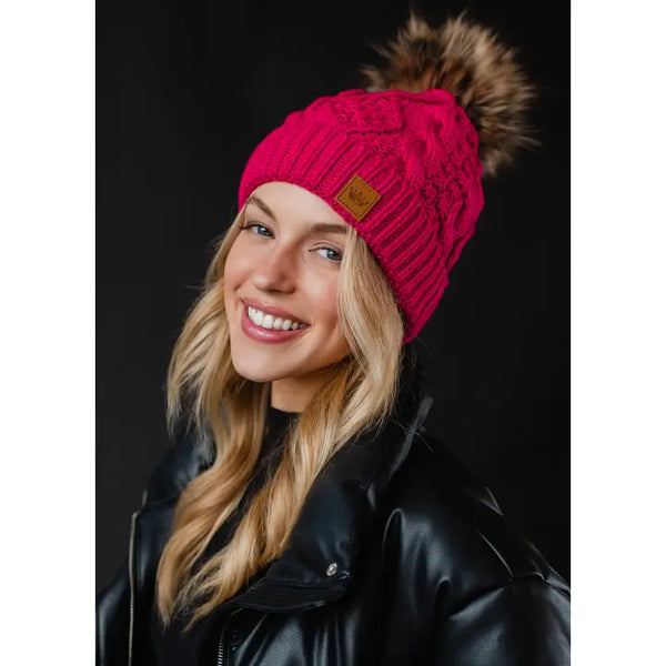 Cable Knit Natural Pom Hat Bright Pink