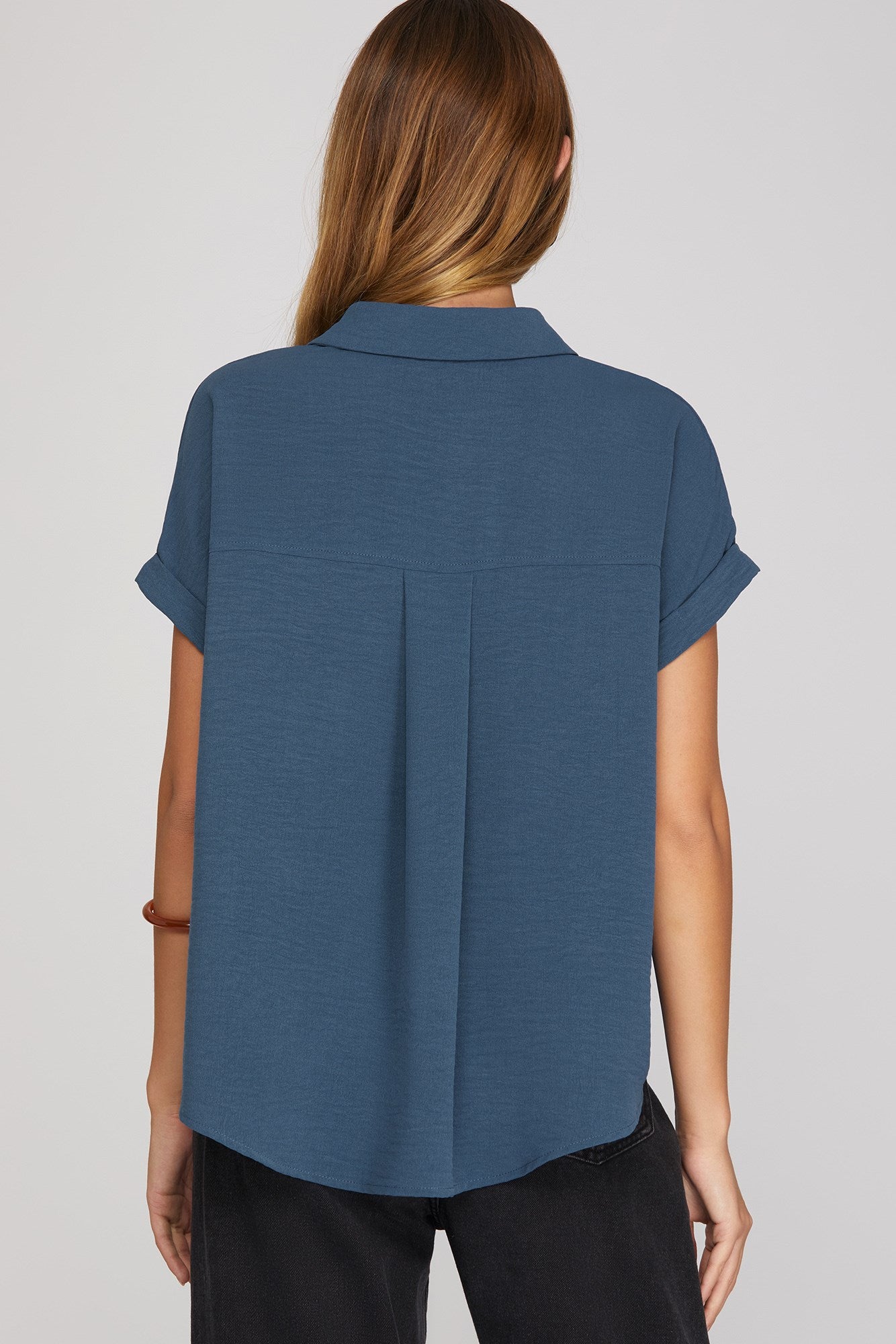 Drop Shoulder Collared Woven Top Dusty Blue
