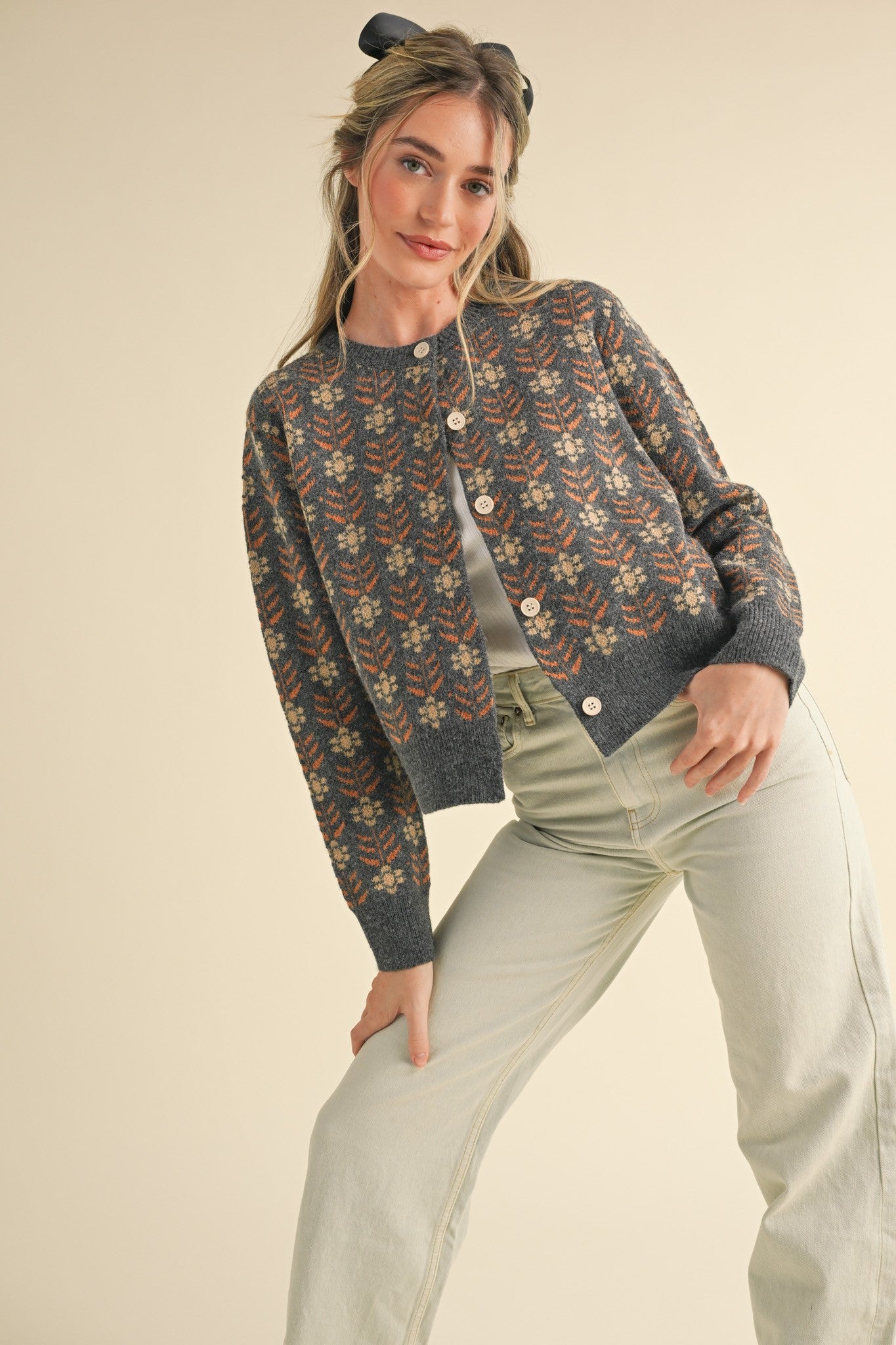 Floral Jacquard Button up Sweater Cardi Charcoal