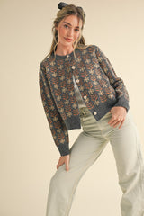Floral Jacquard Button up Sweater Cardi Charcoal