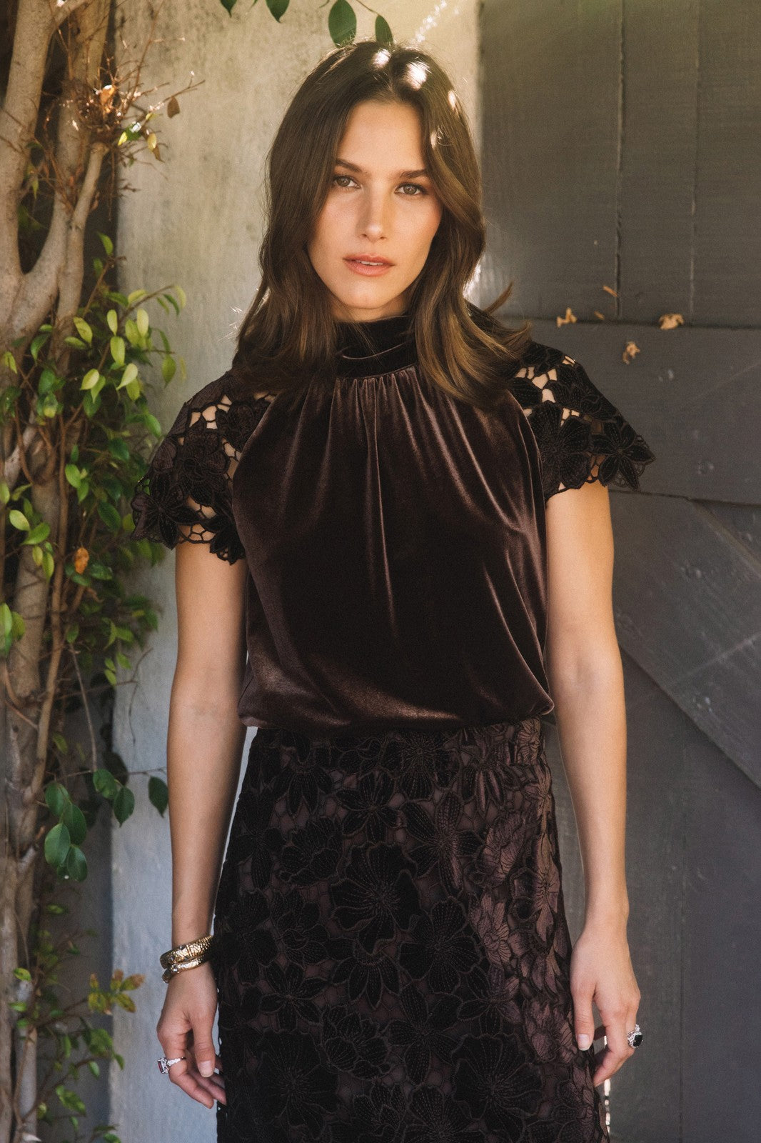 Mock Neck Velvet Floral Lace Cap Sleeve Top Dark Brown