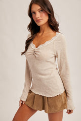 Brushed Rib Laced Trimmed Henley Top Soft Taupe