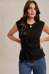 Ribbed Asymmetrical Pleated Top Black