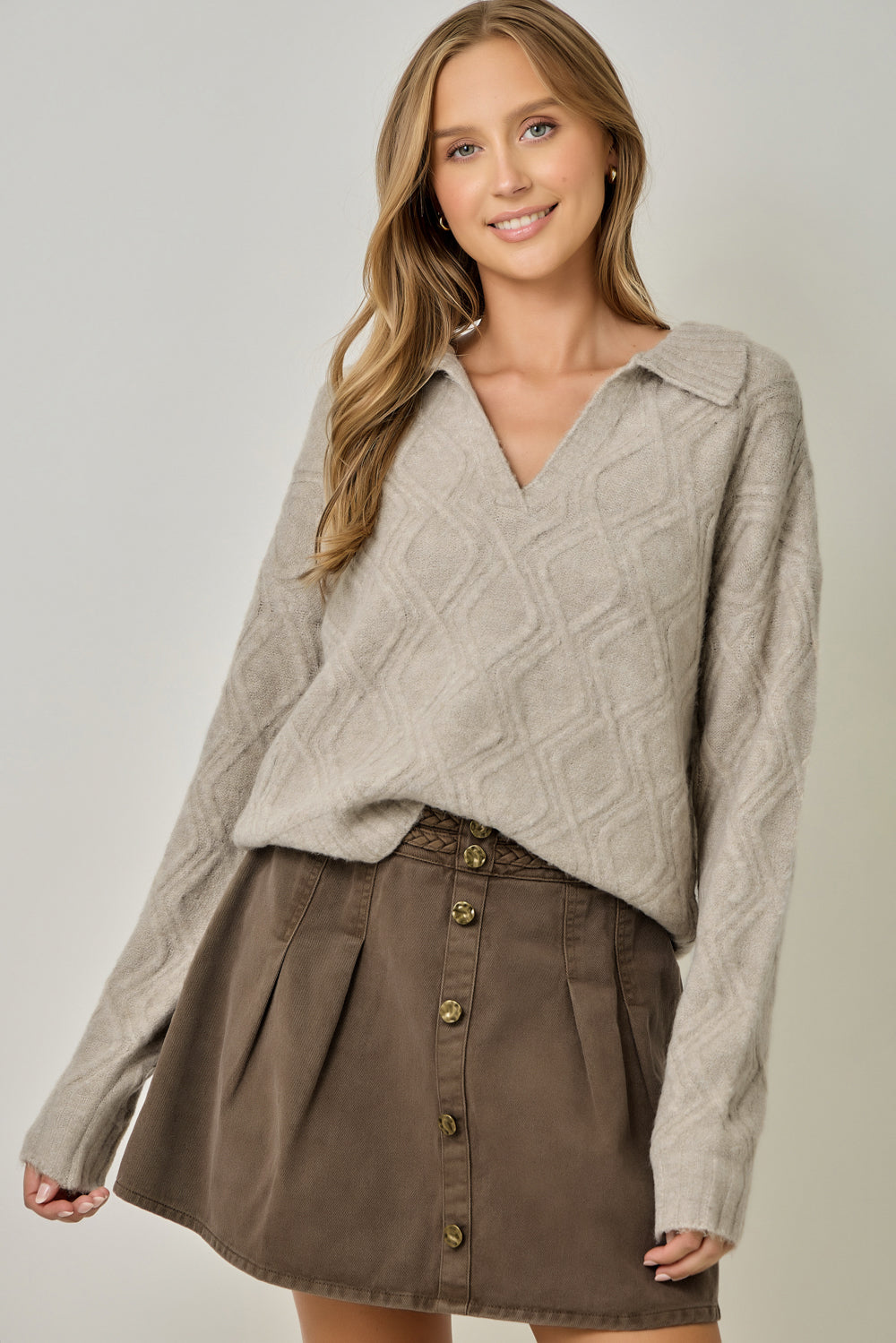 Mohair Cable Texture Collared Sweater