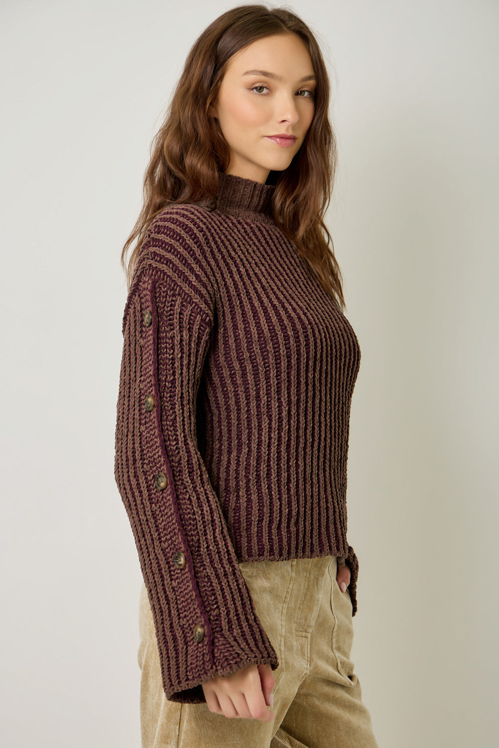 Two Tone Velvety Button Detail Sweater