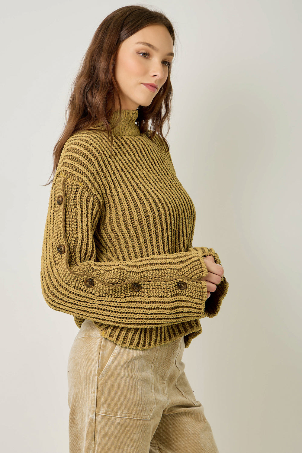 Two Tone Velvety Button Detail Sweater