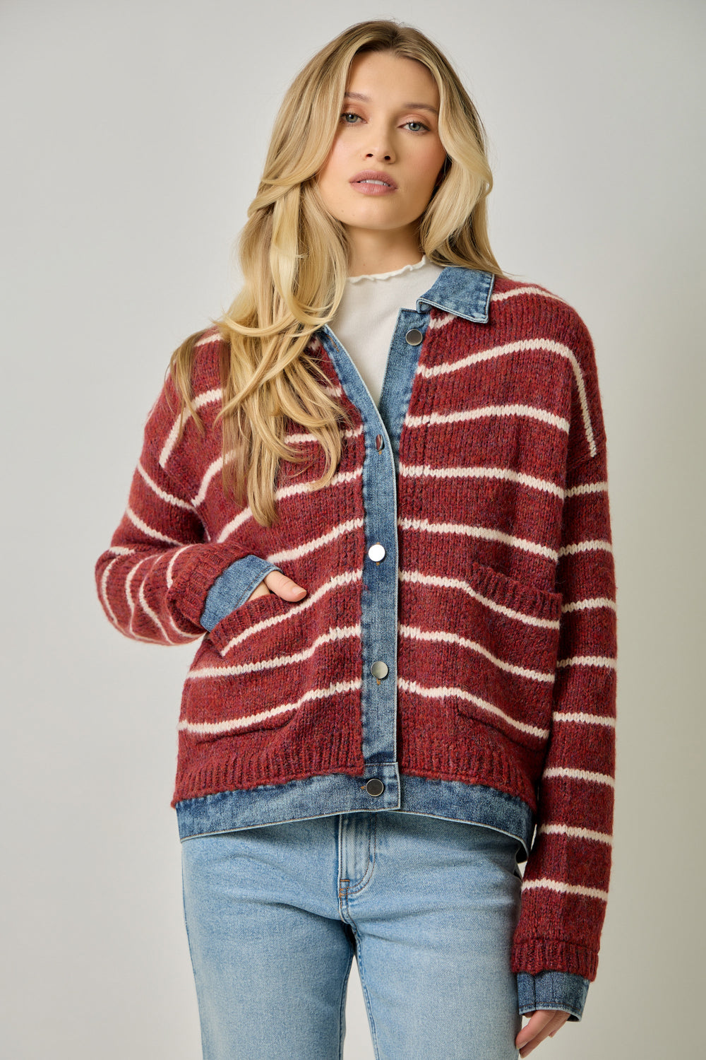 Two Fer Denim Detail Stripe Sweater Jacket