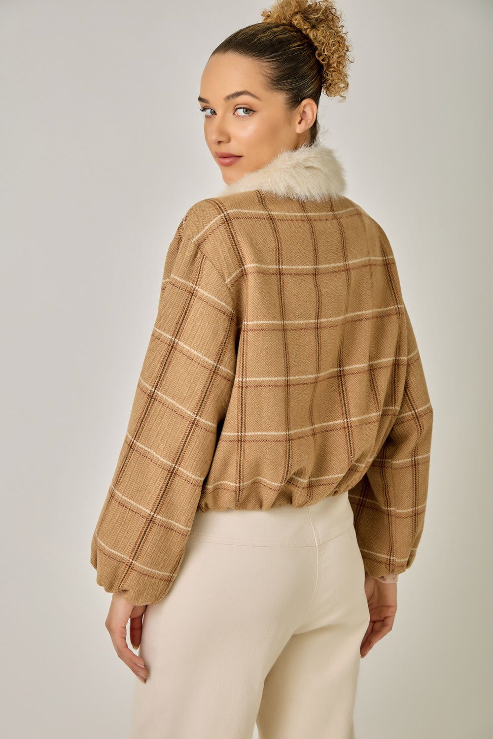 Detachable Fur Window Pane Bubble Hem Jacket