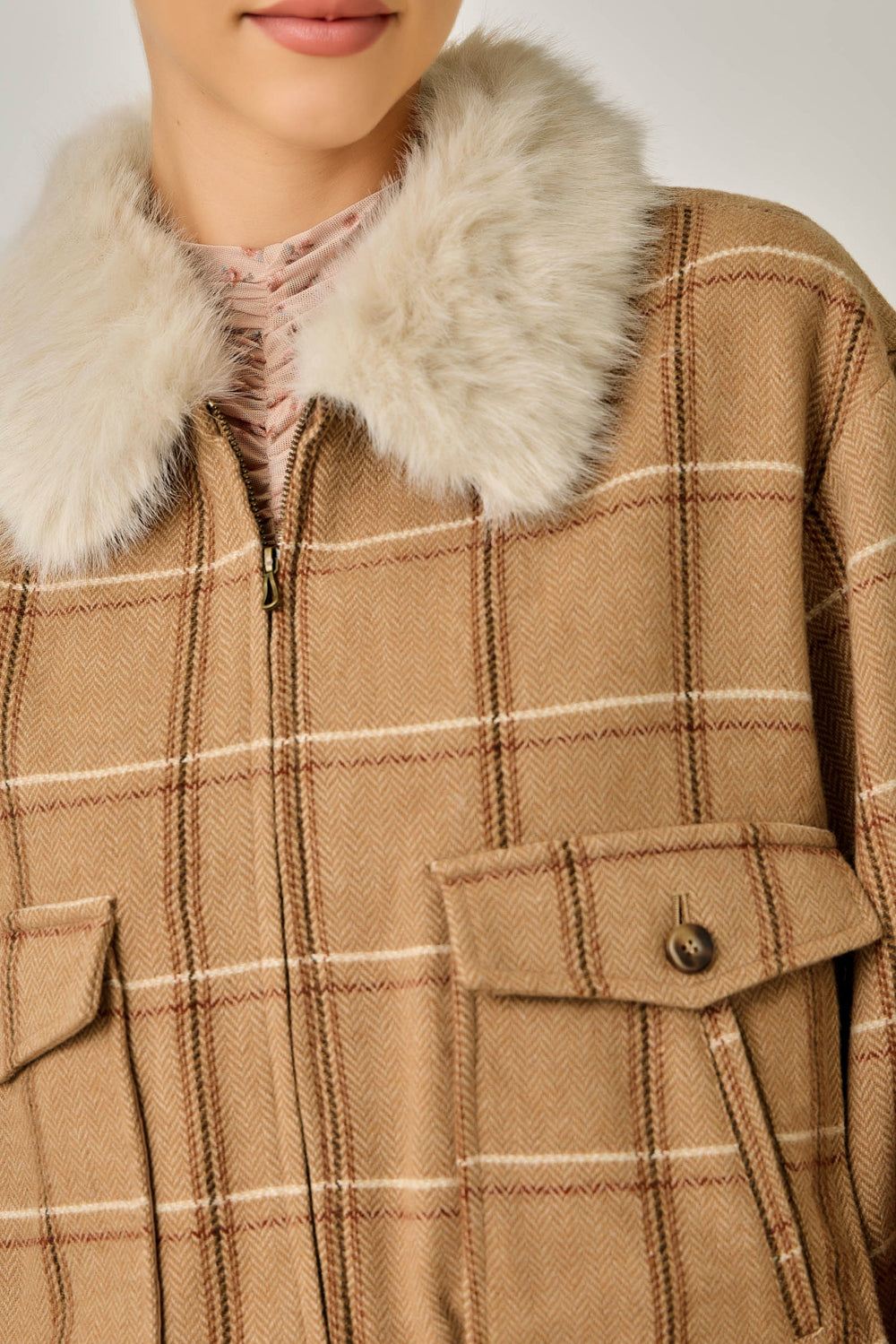 Detachable Fur Window Pane Bubble Hem Jacket