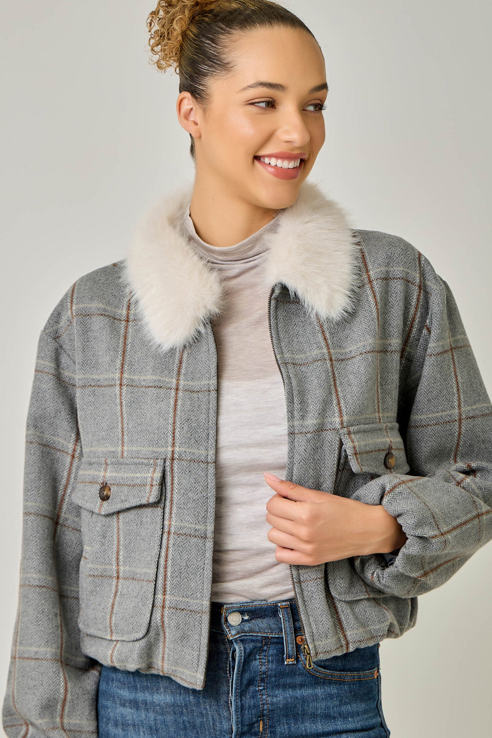 Detachable Fur Window Pane Bubble Hem Jacket