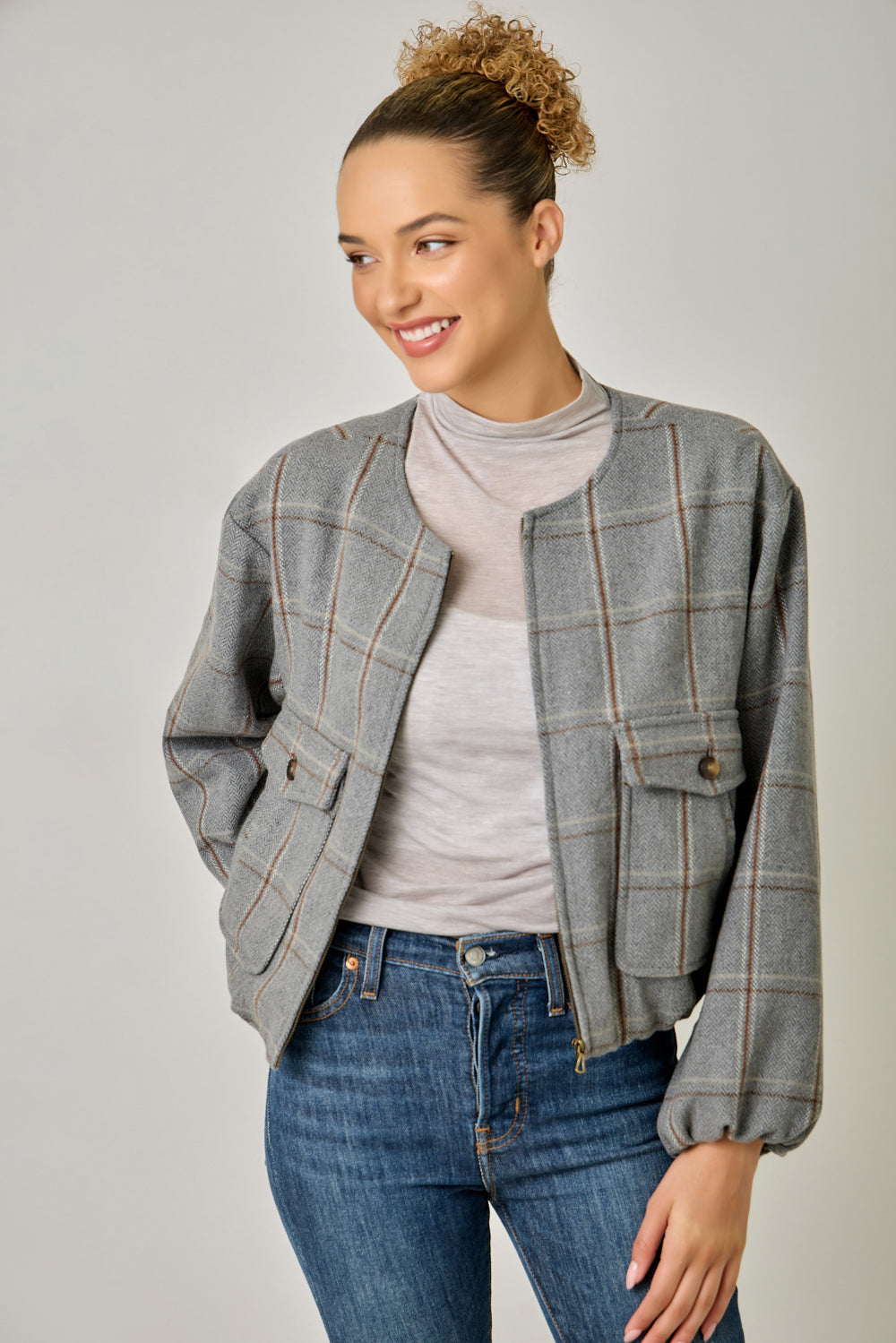 Detachable Fur Window Pane Bubble Hem Jacket