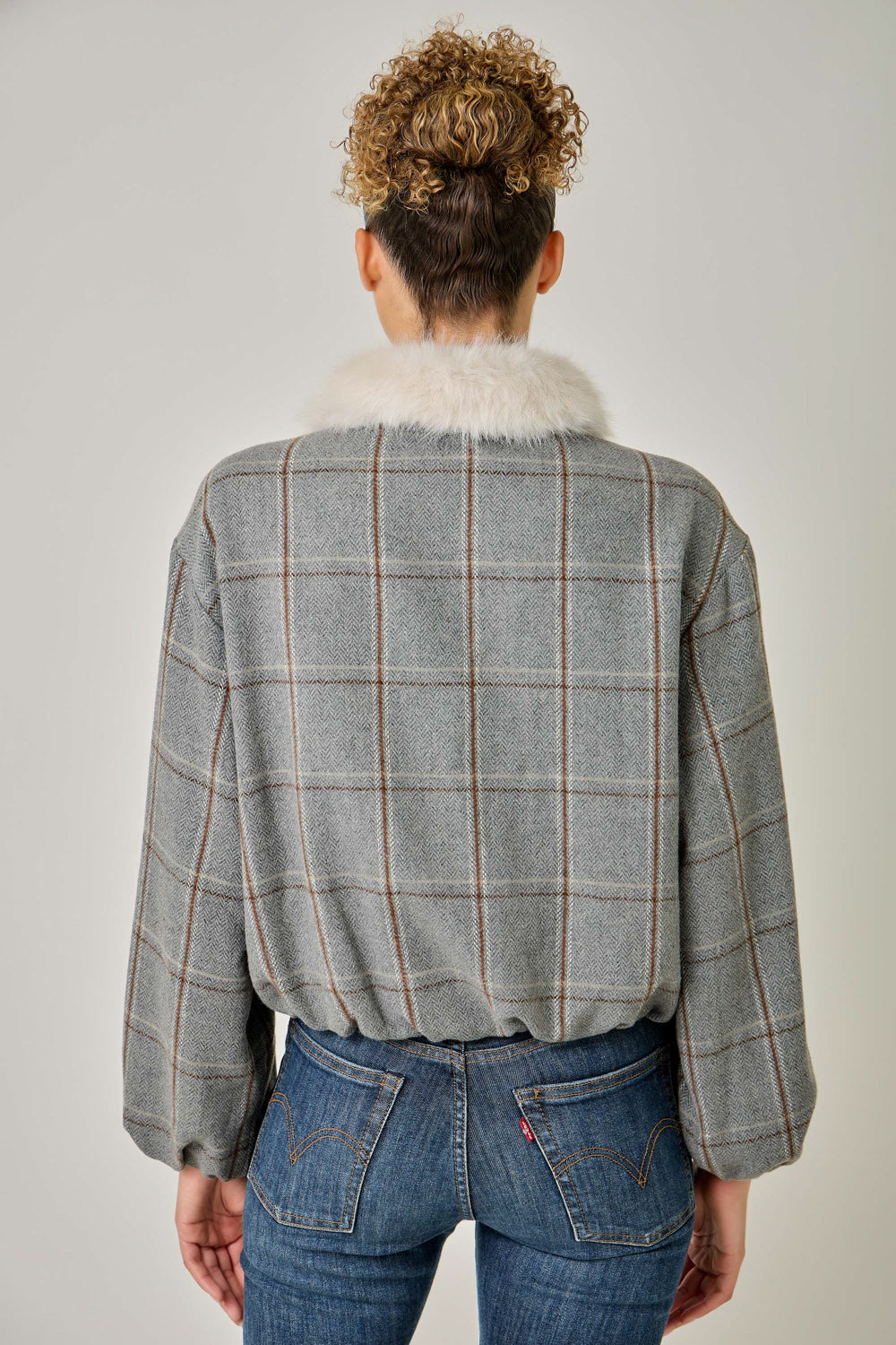 Detachable Fur Window Pane Bubble Hem Jacket
