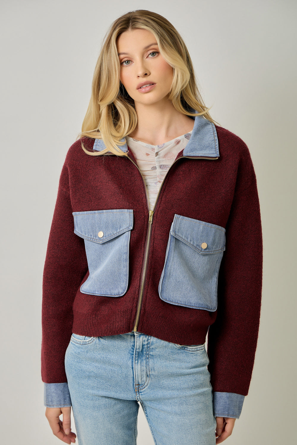 Denim Contrast Front Zip Sweater Jacket