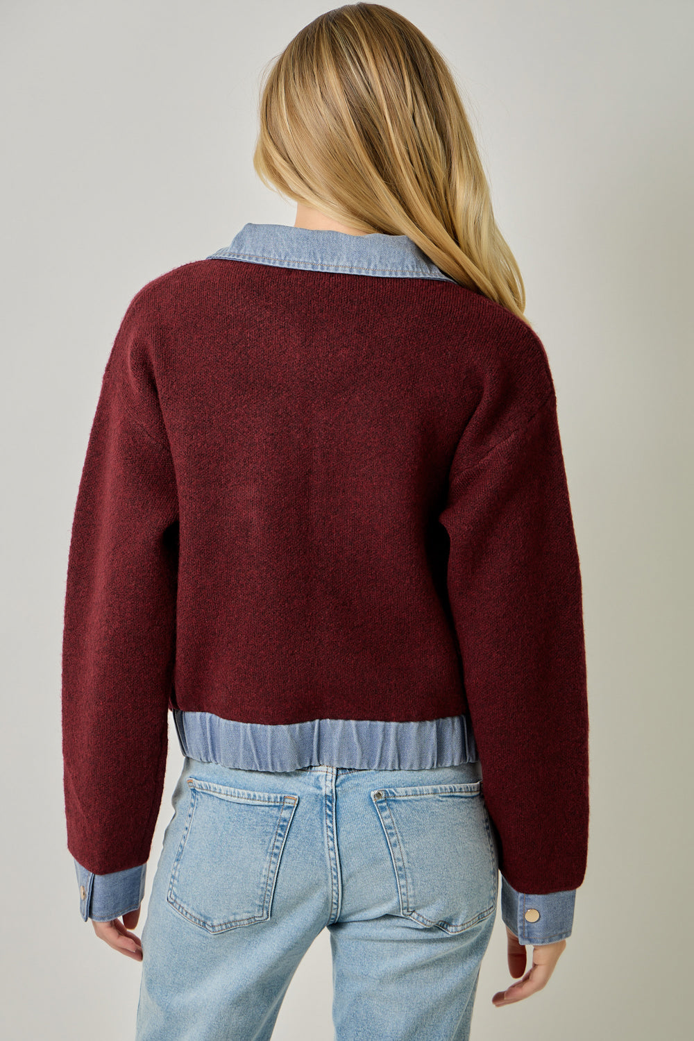 Denim Contrast Front Zip Sweater Jacket
