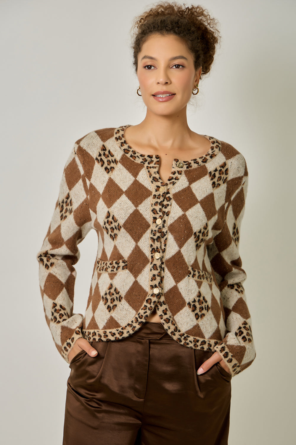 Argyle Leopard Jacquard Sweater Cardigan