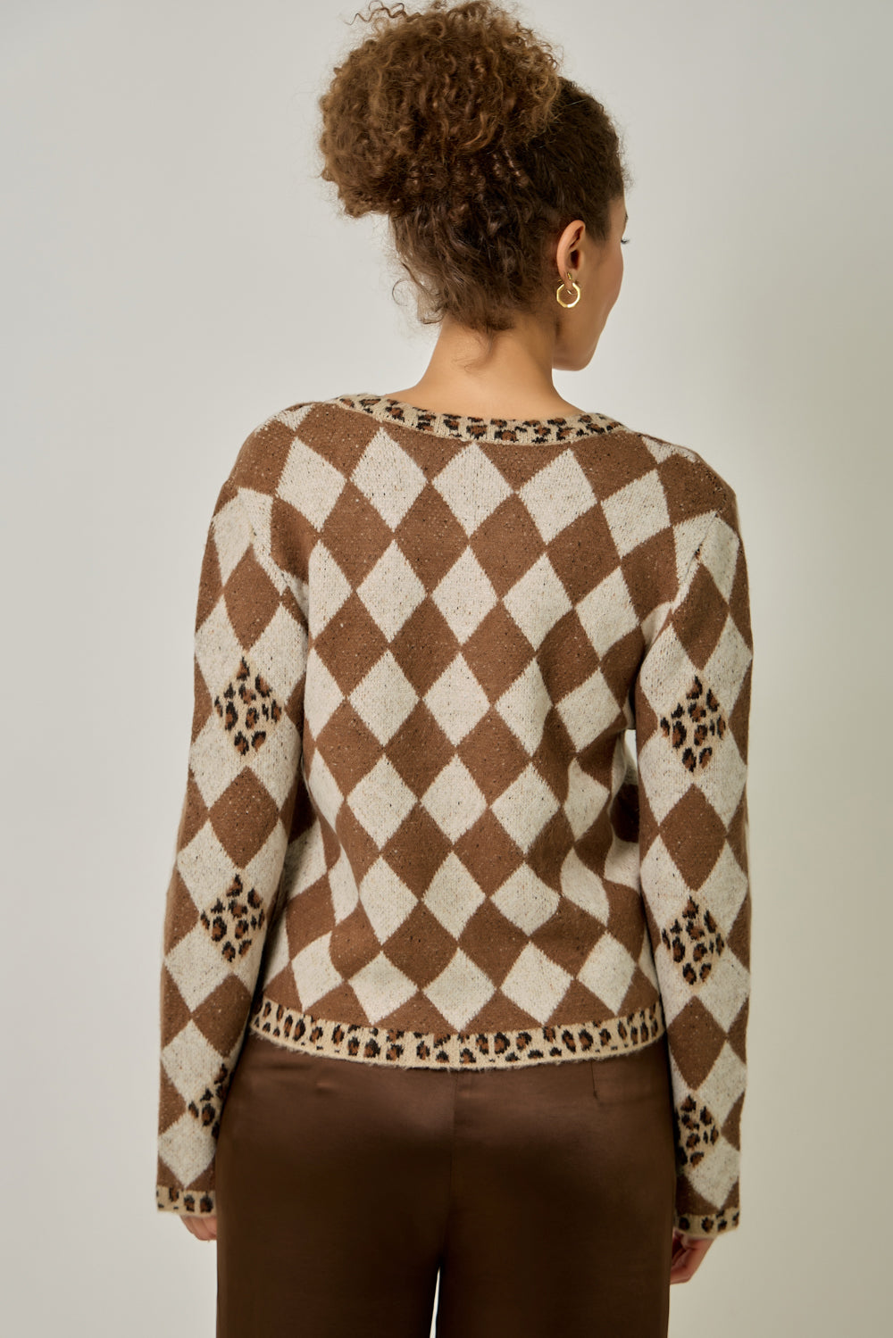 Argyle Leopard Jacquard Sweater Cardigan