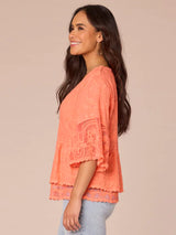 3/4 Bell Sleeve Double Flounce Peplum Emb. Top Nectarine