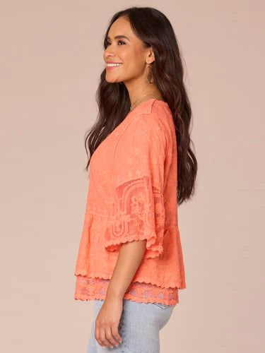 3/4 Bell Sleeve Double Flounce Peplum Emb. Top Nectarine