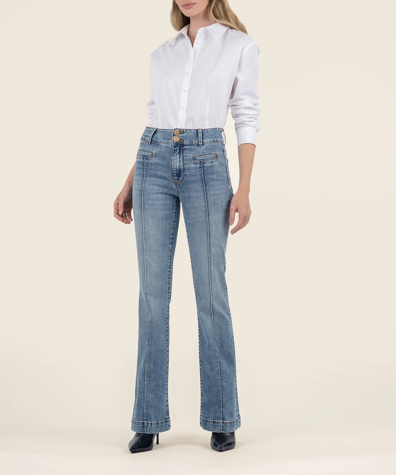 Ana High Rise Double Button Welt Pocket Flare Jeans Renewed