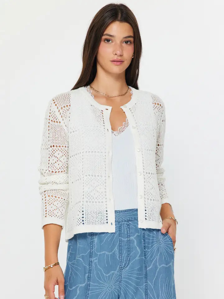 Open Knit Crew Neck Button Down Cardigan White