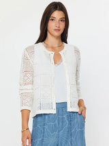 Open Knit Crew Neck Button Down Cardigan White