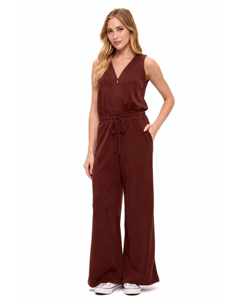 Scuba Zip Detail Drawstring Waist Jumpsuit Brown