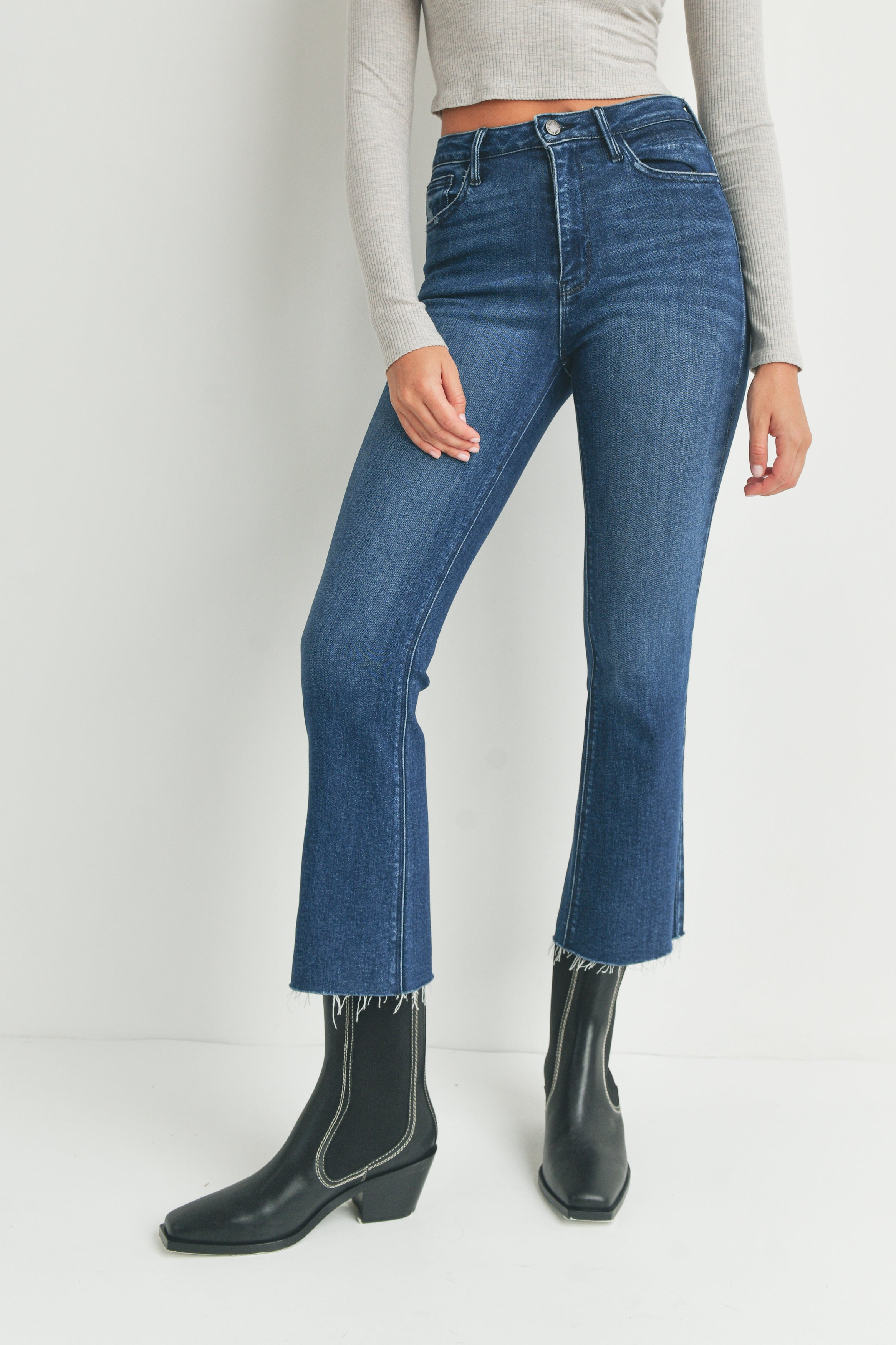 High Rise Tonal Crop Flare Jeans Dark Denim