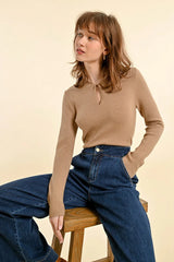 Twist Neck Keyhole Sweater Top Beige