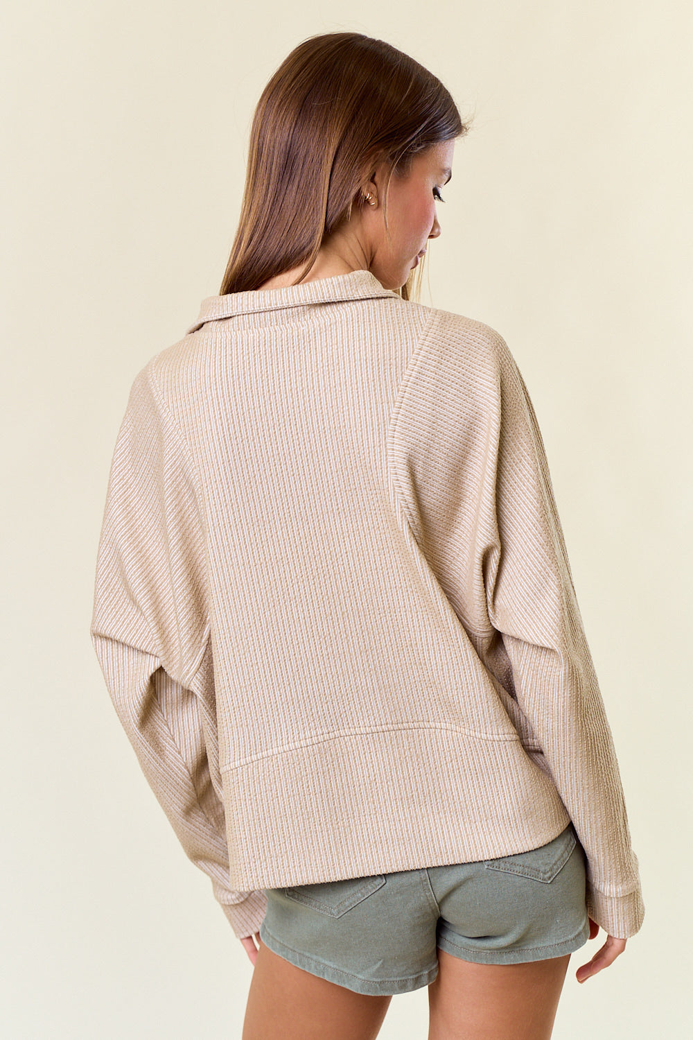 Stripe Textured Half Zip Up Sweatshirt Sand